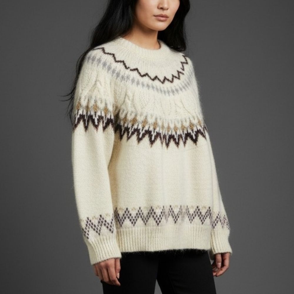 Fairisle Thick  Cozy Cream Patterned Knit Sweater